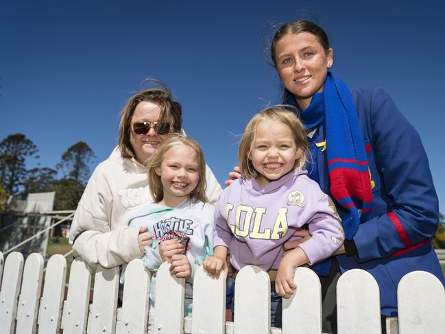 Backing Downlands are (from left) Suzanne Watson, Lilly Philips, Lola Philips and Charlotte McGregor on Grammar Downlands Day at Toowoomba Grammar School, Saturday, August 19, 2023. Picture: Kevin Farmer