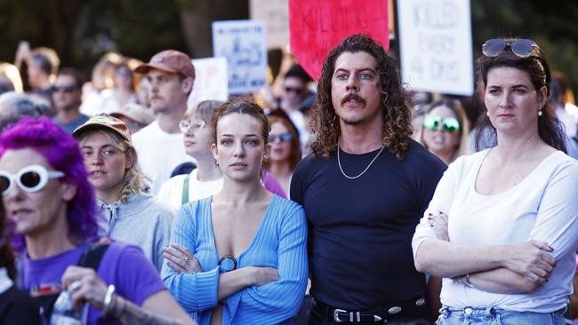 People from all over Sydney march against domestic violence against women in the CBD today. Abby Chatfield with Keli Holiday. Picture: Sam Ruttyn