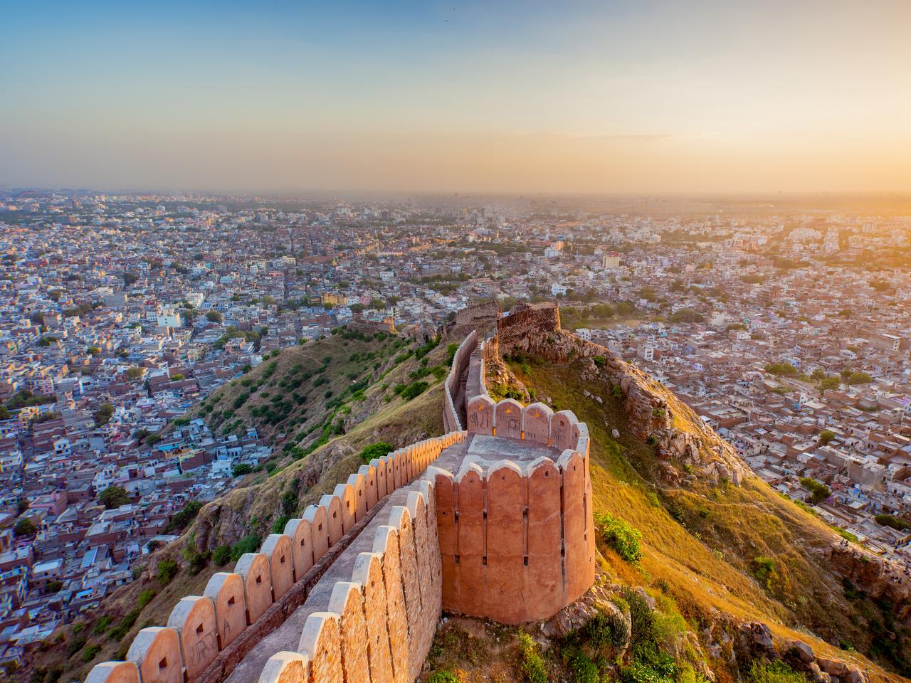 Aerial view of Jaipur from Nahargarh Fort at sunset