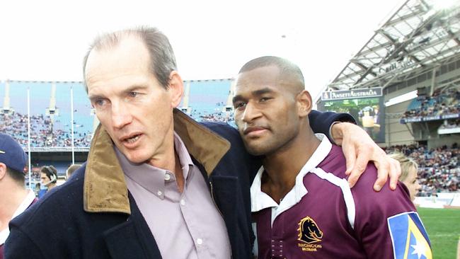 Coach Wayne Bennett with Lote Tuqiri after Brisbane defeated Sydney Roosters in the 2000 NRL Grand Final at Stadium Australia, Homebush, 27/08/2000. Pic David Kapernick.