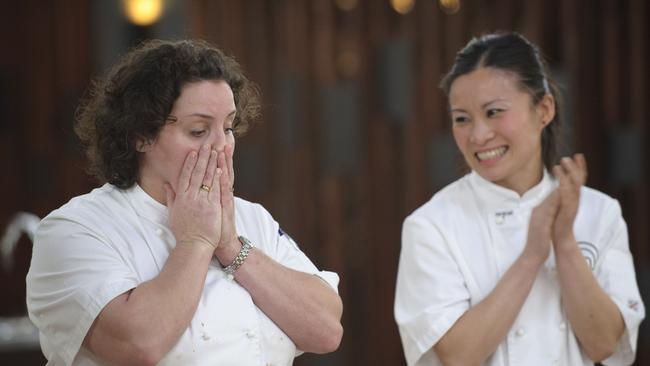 Contestants Julie Goodwin (L) and Poh Ling Yeow react after Goodwin is announced as the winner of 'MasterChef Australia. Picture: supplied