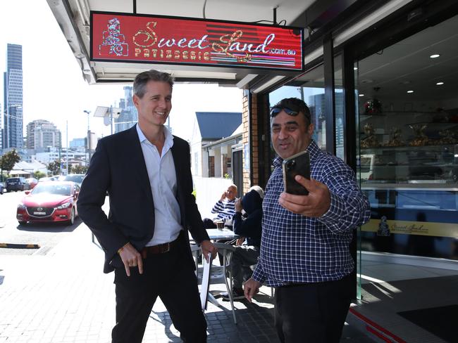 Labor’s candidate for Parramatta Andrew Charlton speaks to locals in Harris Park, in Sydney's western suburbs. Picture: Britta Campion/The Australian