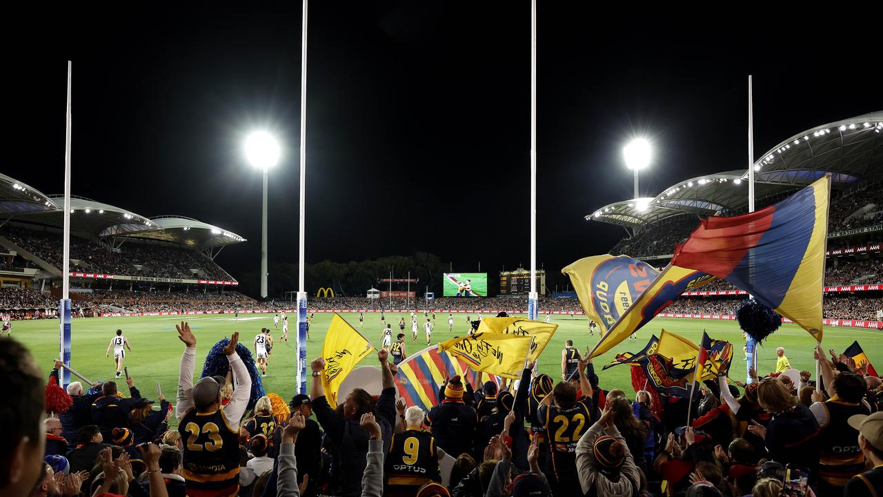 Adelaide fans celebrate a goal during the AFL Gather Round match between the Adelaide Crows and Carlton Blues at the Adelaide Oval.