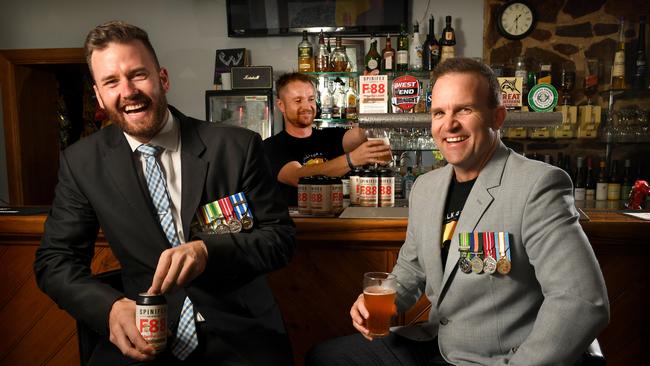 Veterans Nathan Bolton, Luke Adamson and Chad McLaren with beer F88 at The Woodside Hotel. Picture: Tricia Watkinson