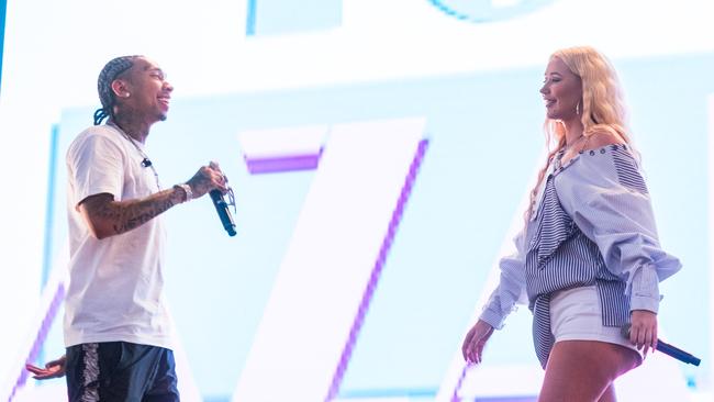 Tyga and Iggy perform at the rap-focused Jumanji Festival at the Melbourne Showgrounds last night. Picture: Ben Symons.