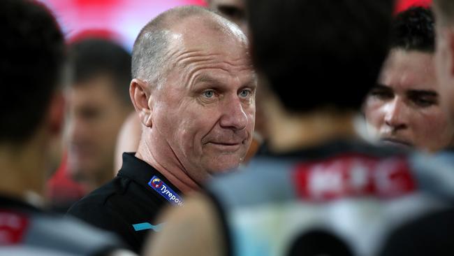 Port Adelaide coach Ken Hinkley gave his players some honest feedback after the big loss to Brisbane. Picture: Jono Searle/AFL Photos/via Getty Images