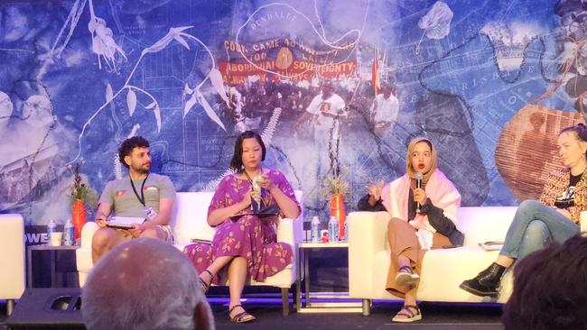 Tasnim Mahmoud Sammak, third from left, speaking at the QUT Carumba Institute for the inaugural anti-racism symposium that took place over January 23-24, 2025. Picture: X