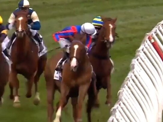 Blake Shinn (Run Harry Run) brushes with Jamie Kah (Another Wil) in the Testa Rossa Stakes at Caulfield. Picture: Racing.com