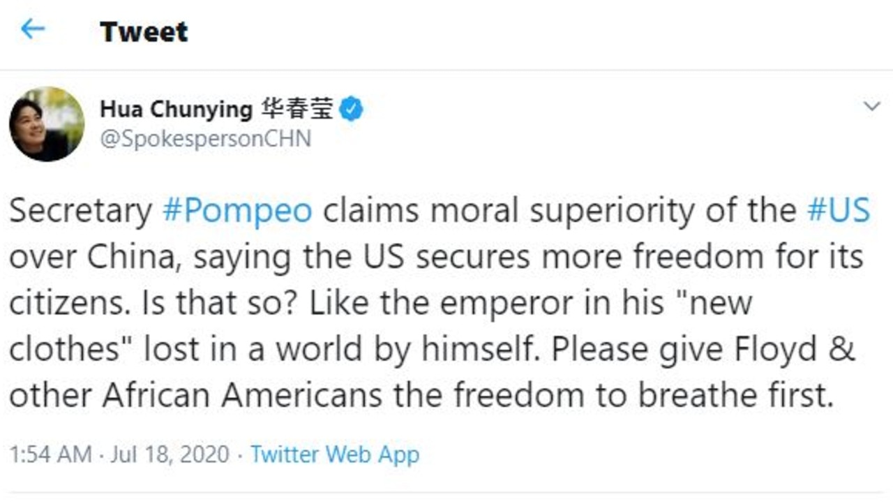 Hua Chunying questioning freedoms in the US over China. Picture: Twitter