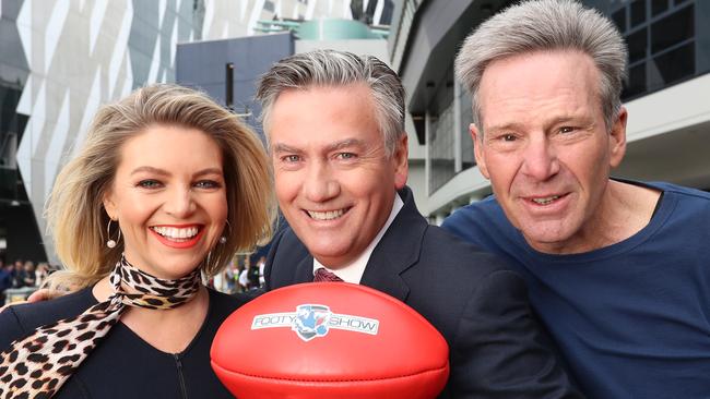 ‘Footy Show’ hosts Rebecca Maddern, Eddie McGuire and Sam Newman. Picture: Alex Coppel