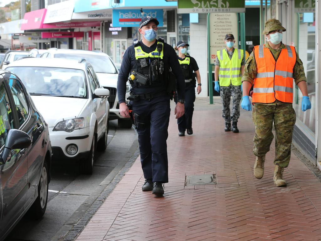 Police and ADF joint patrol Highton Village in Geelong. Picture: Peter Ristevski