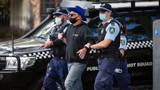 Police make arrests on Broadway at the 'Freedom Demo' in Sydney on 21st August 2021.  (pictures by Julian Andrews).
