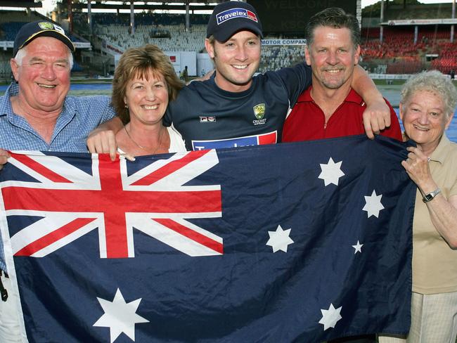 Michael Clarke of Australia with family (l-r) grandfather Ray, mother Debbie, Michael, father Les and grandmother June after Clarke made 151 on debut against India in 2004.