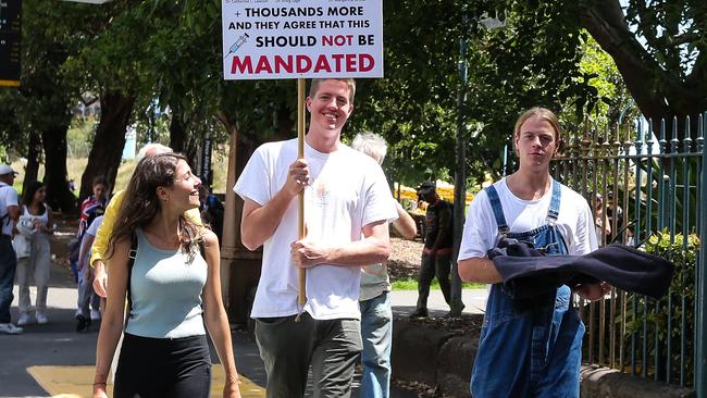 With 93 per cent of NSW fully vaccinated the number of people in attendance was well down on the anti-lockdown protests of mid-2021. Picture: NCA Newswire / Gaye Gerard