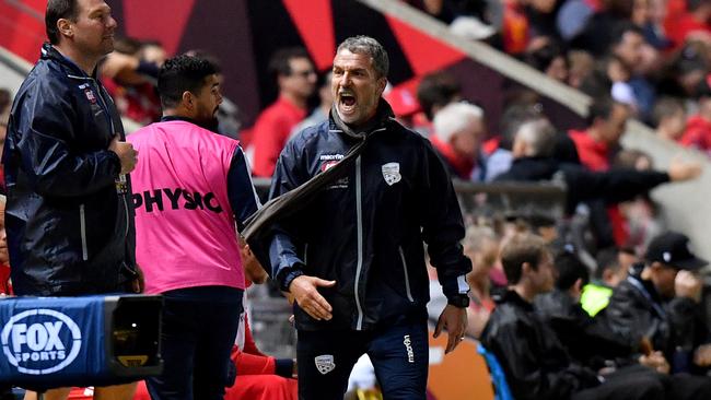 Adelaide United head coach Marco Kurz reacts during the Round 2 A-League match against Newcastle Jets at Coopers Stadium. Picture: AAP Image/Sam Wundke