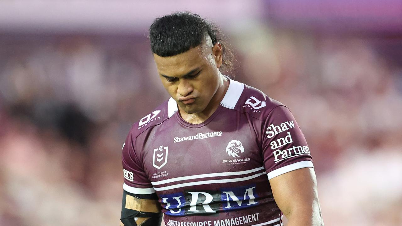 SYDNEY, AUSTRALIA - APRIL 06: Haumole Olakau'atu of the Sea Eagles reacts during the round five NRL match between Manly Sea Eagles and Melbourne Storm at 4 Pines Park, on April 06, 2025, in Sydney, Australia. (Photo by Jeremy Ng/Getty Images)