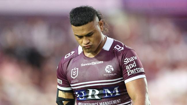 SYDNEY, AUSTRALIA - APRIL 06: Haumole Olakau'atu of the Sea Eagles reacts during the round five NRL match between Manly Sea Eagles and Melbourne Storm at 4 Pines Park, on April 06, 2025, in Sydney, Australia. (Photo by Jeremy Ng/Getty Images)