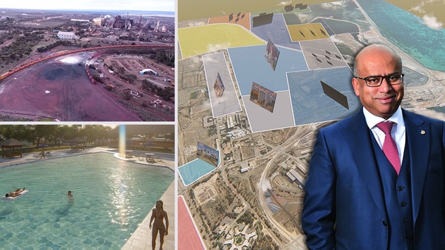 Billionaire Sanjeev Gupta, an example of a steel "mega plant" in Asia, top right, an artist’s impression of planned new community facility at Whyalla, bottom left, and a map showing the plans for an expanded steelworks in the city, right.