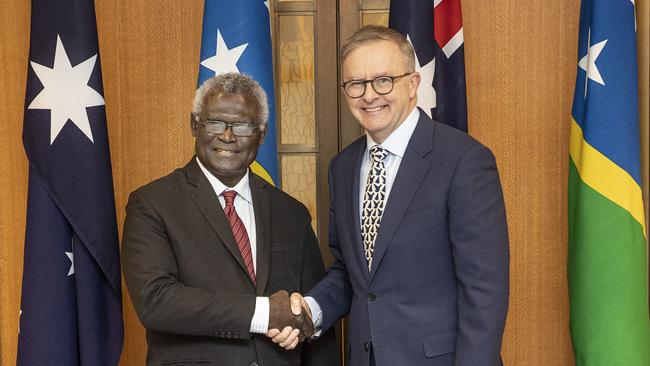 Prime Minister Anthony Albanese welcoms Solomon Islands Prime Minister Manasseh Sogavare in Parliament House in Canberra.