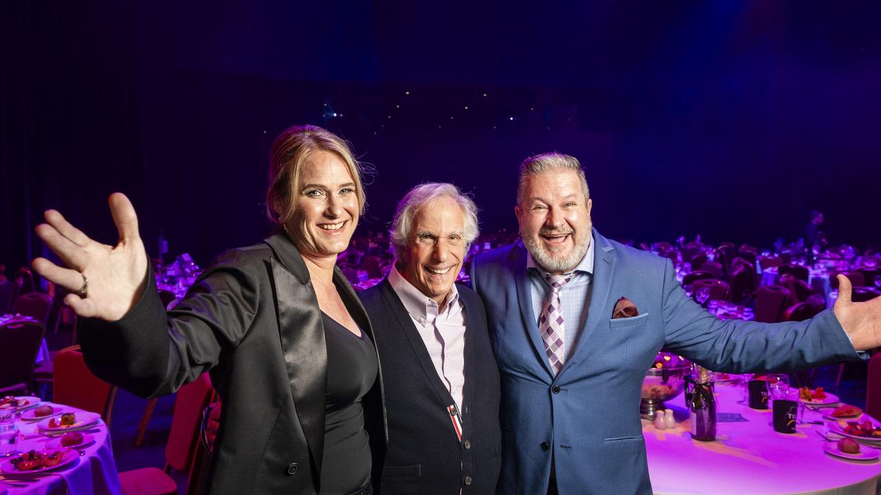 Happy Days star Henry Winkler with Toowoomba Hospital Foundation chief executive Alison Kennedy and Tilly’s Legends at their Game MC Lee Faulkner at the Empire Theatre, Saturday, February 10, 2024. Picture: Kevin Farmer