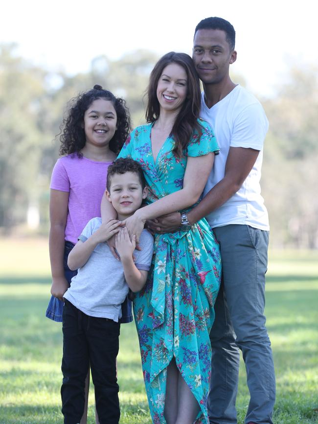 Brisbane nutritionist Chloe Carroll with husband Anthony and kids Sienna, 9, and Laurence, 5. Picture: Annette Dew