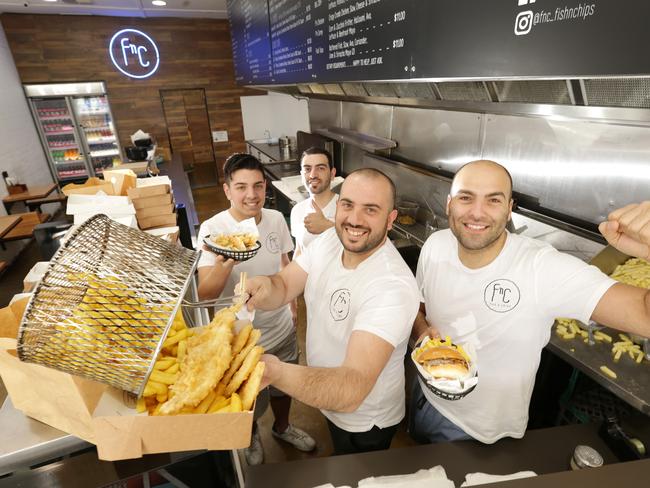 Michael Chindamo, George Khzam, Zaaf Khzam and Andrew Chahine from FnC fish n chips, Essendon. Picture Norm Oorloff