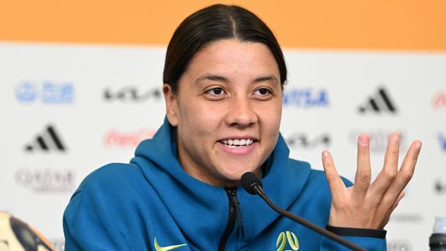 BRISBANE, AUSTRALIA - AUGUST 18: Sam Kerr of Australia speaks during an Australia Matildas press conference during the FIFA Women's World Cup Australia & New Zealand 2023 at Brisbane Stadium on August 18, 2023 in Brisbane, Australia. (Photo by Justin Setterfield/Getty Images)