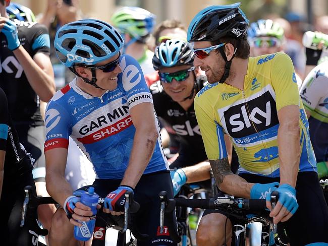 Rohan Dennis of Australia riding for Team Garmin-Sharp speaks to Bradley Wiggins of Great Britain riding for Team Sky before the start of final stage of the 2014 Amgen Tour of California.