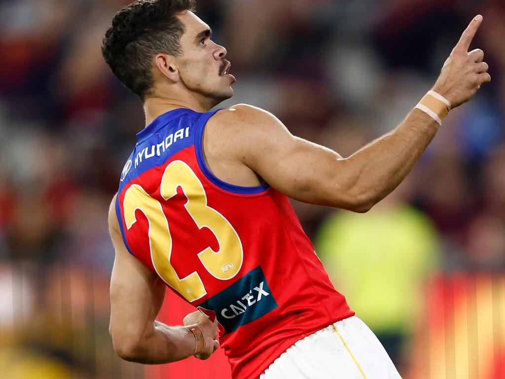 MELBOURNE, AUSTRALIA - APRIL 11: Charlie Cameron of the Lions celebrates a goal during the 2024 AFL Round 05 match between the Melbourne Demons and the Brisbane Lions at the Melbourne Cricket Ground on April 11, 2024 in Melbourne, Australia. (Photo by Michael Willson/AFL Photos via Getty Images)