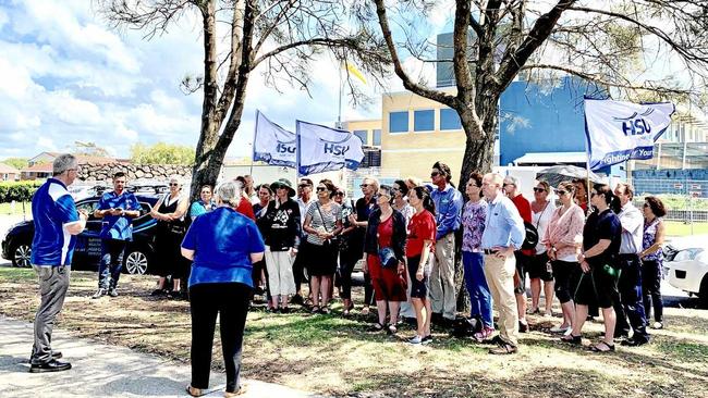 The Health Services Union met with the NSW Nurses and Midwives Association calling on the NSW Government to release its long-awaited Community Health Review report. Picture: Scott Powick