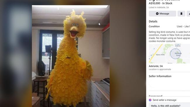 A seller posted a Big Bird costume for sale on Facebook marketplace in Banksia Park, with police confirming it was a joke. Picture: Facebook