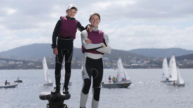 Hugo Allison, 10 and Sam Abel, 16 from The Hutchins School are world youth champions in International cadet dinghies and competes in the teams racing event at the Royal Hobart regatta. PICTURE: Luke Bowden
