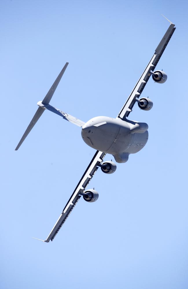 RAAF C-17 Globemaster pictured flying over Brisbane (from the Emporium Hotel) in preparation for its Riverfire Festival display this Saturday. Image/Josh Woning