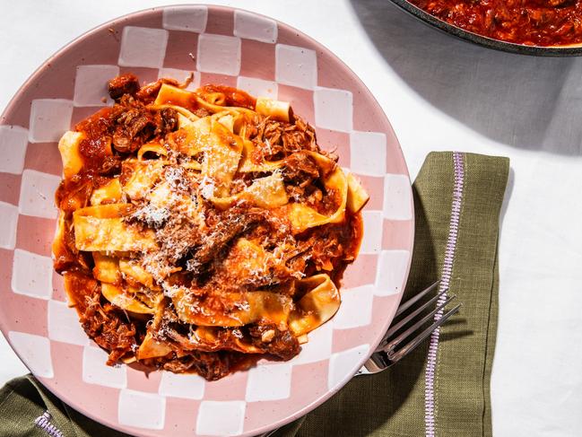 EMBARGO FOR TWAM 27 JULY 2024. FEE MAY APPLY. , ,  Beef Ragu pasta by Elizabeth Hewson. Photo: Nikki ToProp credit: Crumble shallow Dutch oven, Kip and Co pasta bowls, Kip and Co napkins.