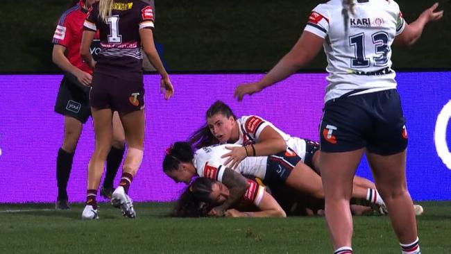 Broncos winger Ashleigh Werner is sent off for this alleged bite on her Sydney Roosters opposite Jayme Fressard.