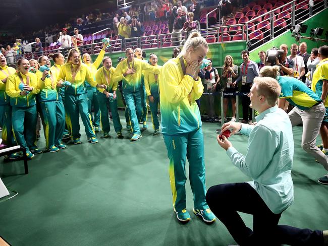 Nicole Seekamp’s partner Cody Havermann gets down on one knee to propose in front of the rest of the Australian basketball team and the world. Picture: Getty