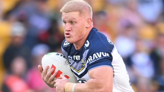 Cowboys prop Griffin Neame taking on the Dolphins In Round 1 of the 2024 NRL season. Picture: Zain  Mohammed / NRL Imagery