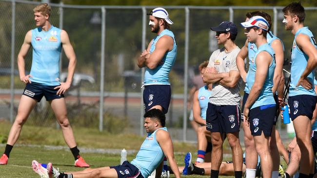 Jason Johannisen watches on at Western Bulldogs training on Wednesday.