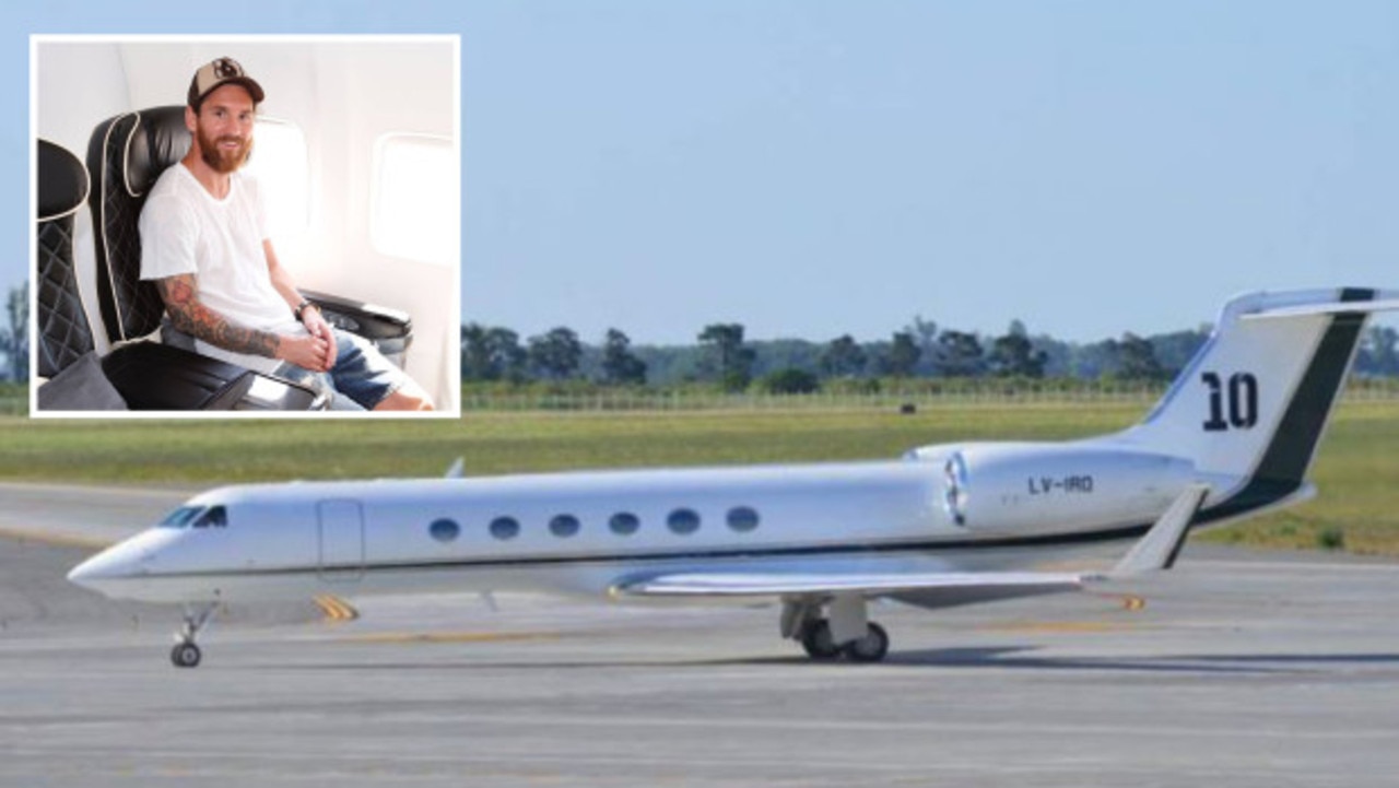 Lionel Messi with the private plane that is personalised with his famous No. 10.