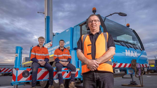 Bryce Hewett and Ryan Robinson with operations manager Bryan Kingham on site with at Max Services in Port Augusta. Picture: Ben Clark