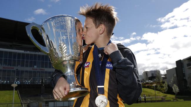 Embargoed until midnight Nov 13th. Cooper Hodge recreated his father Luke Hodge's pose from the 2014 Toyota AFL Grand Final. (Photo by Michael Willson/AFL Photos)