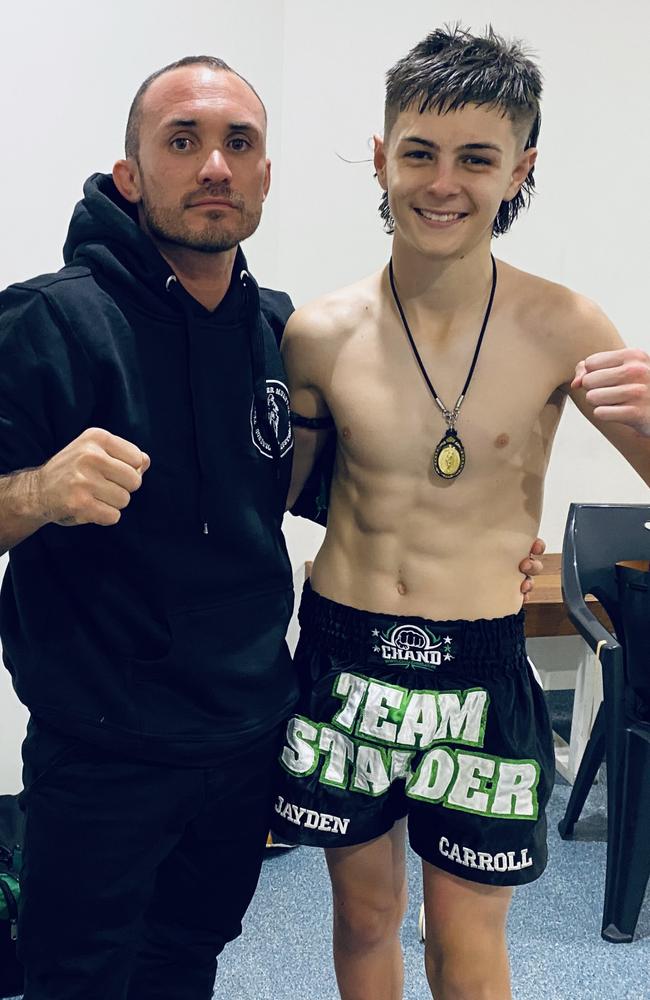 Team Stalder Muay Thai fighter Jayden Carroll (right) and his coach Brodie Stalder.