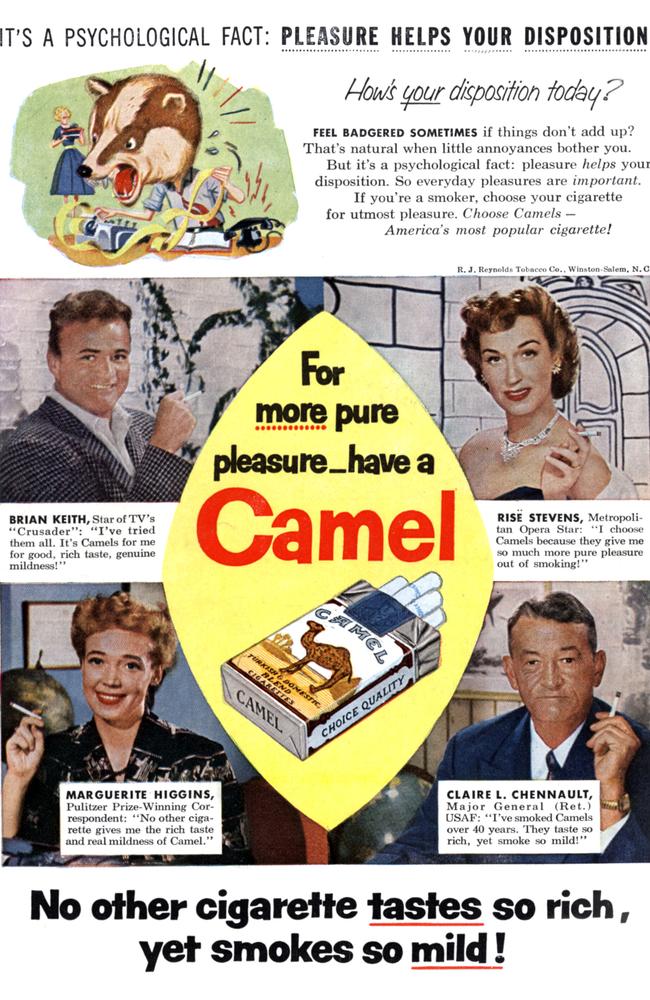 Advertisement for Camel cigarettes with actor Brian Keith, opera singer Rise Stevens, writer Marguerite Higgins, general Claire L. Chennault from 1956.