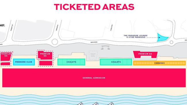 A map indicating the ticketed areas of the beach during the Pacific Airshow.