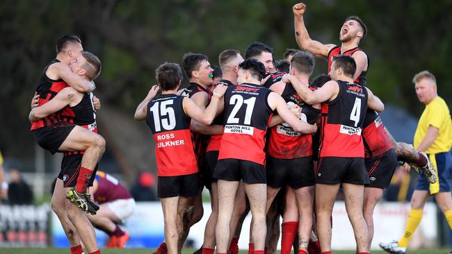 Panton Hill players celebrate after the final siren. Picture: Andy Brownbill