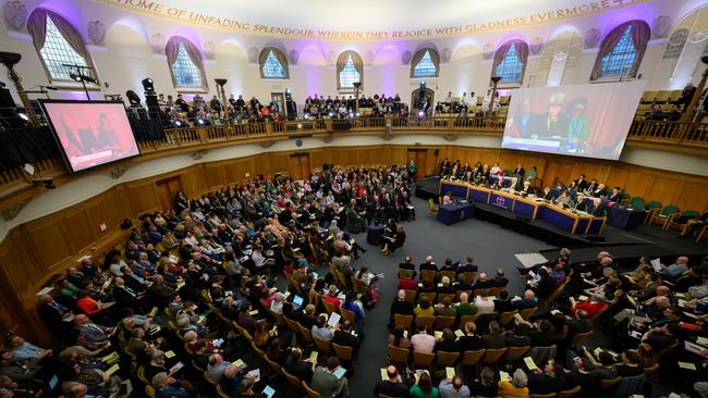 General Synod delegates gather for the debate on gay marriage at The Church House on February 8 in London. (Photo by Leon Neal/Getty Images)