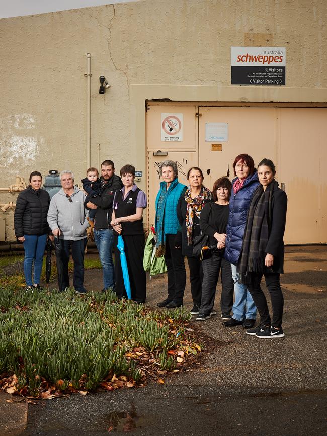 A group of local residents protest against the redevelopment in 2018: Sofia Silva, Angelo Saccardo, Mark Bralic with 10 months old Rafaele, Janice Jolly, Helenka Jiricek, Paulette Saccardo, Lina Centrone, Belinda Bralic and Jolanta Sullivan. Picture: AAP / Matt Loxton