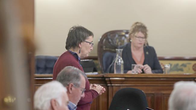 Deputy Lord Mayor, Helen Burnet, speaks on a motion put forward by Councillor Bill Harvey about declaring a global climate emergency at a Hobart City Council meeting. Picture: PATRICK GEE