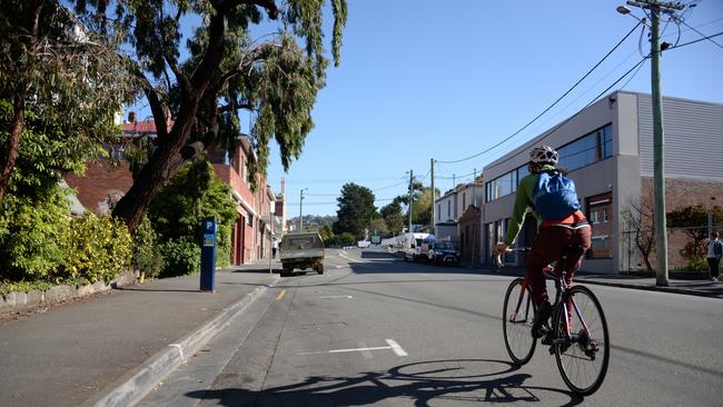 A bike rider on Collins St in Hobart. The Bicycle Network has launched a petition calling on the Hobart City Council to establish an All Ages and Abilities cycle route on Collins St, between the Hobart Rivulet and Murray St. Picture: Supplied