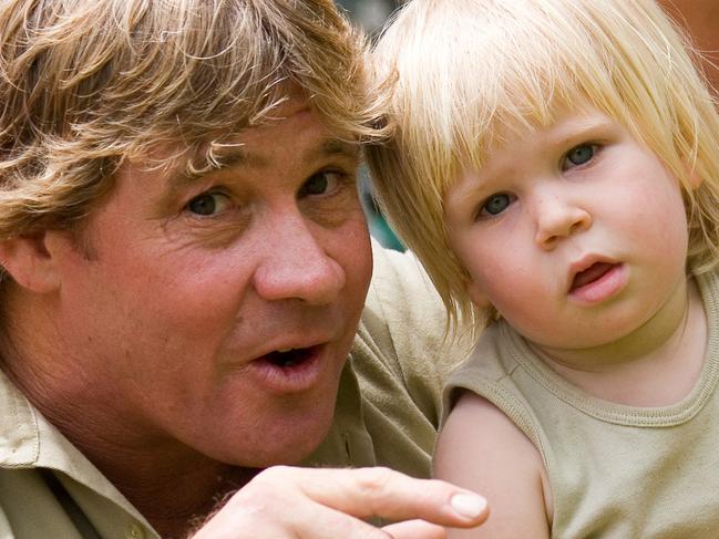 ‘He was a superhero!’ The late Steve Irwin and his son, Robert, at Australia Zoo. Picture: AAP